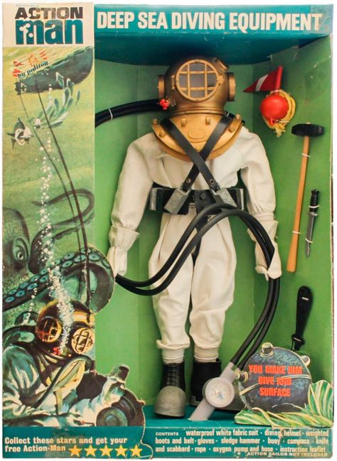 Action Man Deep Sea Diver Diver Suit, Childhood Memories 60's, Suit Drawing, Vintage Toys 1960s, 1960s Toys, 70s Toys, Deep Sea Diver, 1970s Childhood, Sea Diving