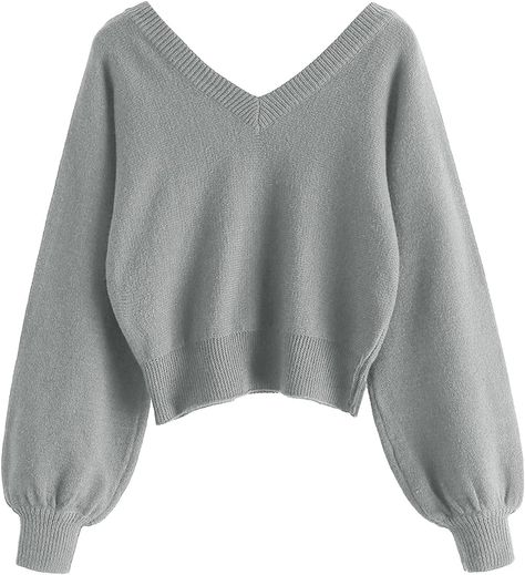 ZAFUL Women's Cropped Sweater V-Neck Long Sleeve Crop Sweater Pullover Jumper Knit Top (1-Green, S) at Amazon Women’s Clothing store Sleeve Crop Sweater, V Design, Light Grey Sweater, Cute Preppy Outfits, Crop Sweater, Pullover Sweater Women, Cute Simple Outfits, Sweater Pullover, Sweater Women