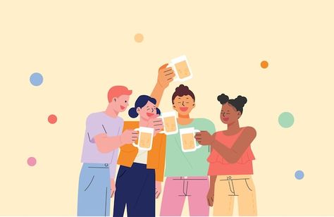 Flat Design, People Illustrations, Drinking Illustration, Monochromatic Illustration, Friends Get Together, Friends Happy, People Illustration, Cup Design, Drinking Beer