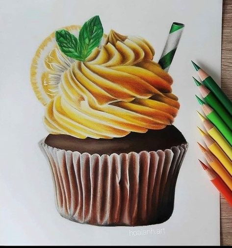 Easy Realistic Drawings, Pastries Images, Colored Pencil Artwork Ideas, Cake Sketch, Lemon Cupcake, Fruit Art Drawings, Desserts Drawing, Pencil Inspiration, Realistic Cakes