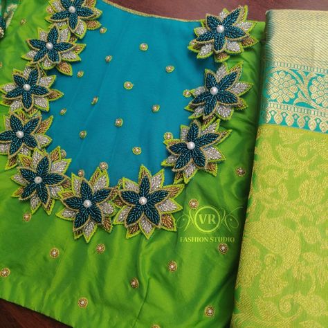 Floral patched aari embroidery sky blue and parrot green silk wedding blouse Parrots Maggam Work Blouse Designs, Simple 3d Aari Work Blouse, Cutwork Aari Blouse Designs, 3d Flower Blouse Design, Simple 3d Aari Work Blouse Design, Aari 3d Patch Work Flower, Patch Work Aari Blouse Designs, Parrot Aari Work Designs, Aari 3d Patch Work Designs