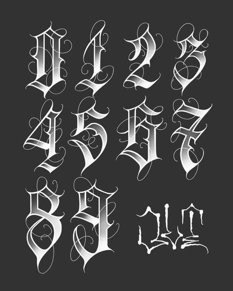 Kings of Lettering on Instagram: "🔥 @josh.leetattoo Numerals 0-9 Any enquiries drop me a message #freehandtattoo #freehandlettering #linework #letteringtattoo #letteringhustlers #blackworktattoo #hustlingletters #letteringcartel #customscript #chicano #chicanotattoo #scripture #caligraphy #chicanolettering #tattoo #tattoos #tattooartist" Est 1986 Tattoo Design, 615 Tattoos, 562 Tattoo, 1221 Tattoo, 405 Tattoo, 316 Tattoo, 702 Tattoo, Graffiti Straight Letter, 214 Tattoo