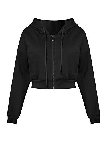 Joeoy Women's Black Drawstring Zip up Fleece Hoodie Coat Jacket Crop Top-S Jacket Crop, Fotografi Digital, Hoodie Coat, Black Zip Ups, Causual Outfits, Women Sweater, Winter Outfits Women, Mode Inspiration, Dream Clothes