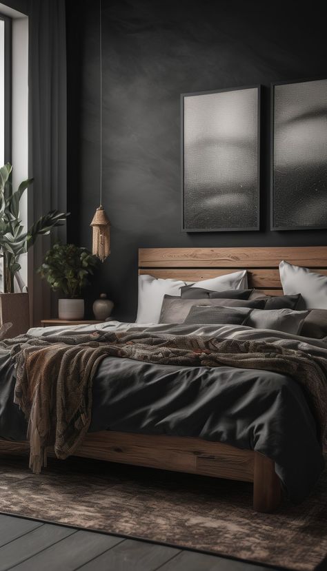 Simple Dark Bedroom Ideas, Gray Wood Interior Design, Black Bed Dark Walls, Limewash Moody Bedroom, Black And Dark Brown Bedroom, Modern Cool Bedroom, Masculine Aesthetic Interior Design, Dark Room Wall Colors, Bedroom Ideas For Dark Rooms