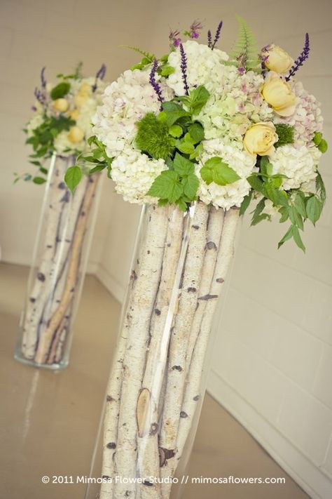 Oh my gosh! Lovin' the birch! Especially in these long tall glasses...that'd be nice for the sanctuary wedding decorations Vase Filler Ideas, Ceremony Arrangement, Niagara Wedding, Birch Branches, Weddings By Color, Deco Floral, Vase Fillers, Ceremony Decorations, Wedding Florist