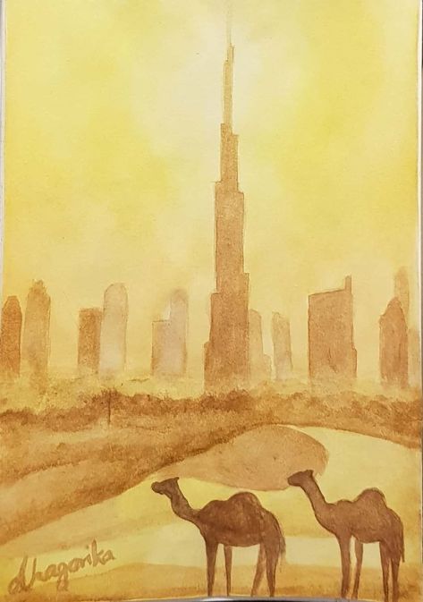 Burj Khalifa Dubai painting. Camels in the Desert. Easy watercolor art. Monochrome Yellow. Dubai Drawing Easy, Dubai Illustration Art, Monochrome Painting Easy, Uae Art Painting, Dubai Watercolor, Desert Easy, Dubai Painting, Easy Watercolor Art, Uae Art