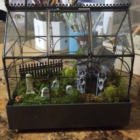 A DIY 'Cemetarium' Puts A Spooky Halloween Twist On The Tiny Indoor Gardens Spooky Village Diy, Diy Cemeterium, Diy Halloween Terrarium, Cemetary Terrarium Diy, Gothic Fairy Garden, Haunted Greenhouse Halloween, Cemetarium Diy, Terrarium Ideas Halloween, Gothic Terrarium Ideas