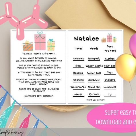 FULLY EDITABLE Birthday Wish List Printable Insert.
Not sure how to tell guests what the birthday girl wants without coming across as rude or entitled? I get it! The whole gift thing can be super AWKWARD. Let this easy-to-edit and print invitation insert make life a WHOLE LOT easier. Birthday Wishlist Invitation, Wish List Printable, Birthday Wish List, Print Invitation, Backpack Clothes, Unicorn Backpack, Birthday Wish, List Printable, Toddler Birthday