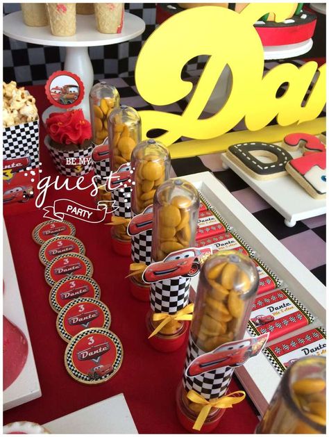 Dante's Cars Birthday Party | CatchMyParty.com Disney Cars Cupcakes, Disney Party Ideas, Movie Birthday Party Ideas, Mc Queen Cars, Pixar Cars Birthday, Cars Cupcakes, Cars (disney) Party, Candy Card, Cars Birthday Party Decorations