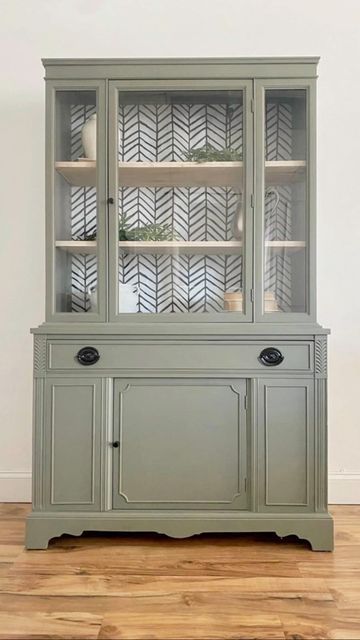 2 Tone China Cabinet, Upcycling, Revamped China Cabinet, Wall Paper Hutch, Antique China Cabinet Redo, China Hutch Makeover Ideas, Repaint China Cabinet, Painted Hutches Before And After, Refurnished Cabinet