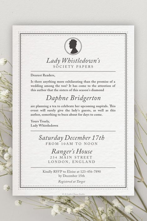 Lady Whistledown Wedding Invitation, Lady Whistledown Birthday Invitation, Lady Whistledown Society Paper Printable, Bridgerton Inspired Invitation, Bridgeton Invitation, Bridgerton Birthday Invitation, Bridgerton Invitation Template, Lady Whistledown Invitation, Bridgerton Birthday Party Theme