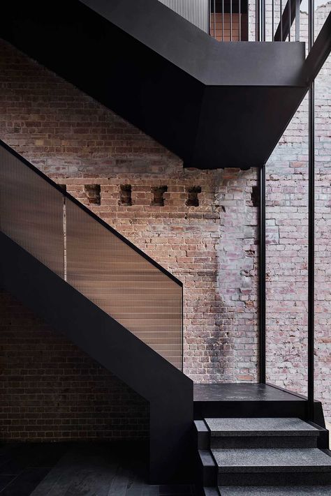 Splinter-Society-Three-Stories-North-House-5 - Design Milk Industrial Stairs, Masonry Construction, Victorian Terrace House, Timber Ceiling, Small Terrace, Timber Walls, Glass Staircase, Masonry Wall, Arched Doors