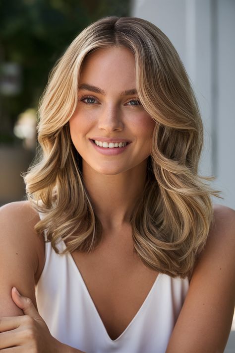 This stunning shoulder-length hairstyle showcases the allure of honey blonde hair, with delicate babylights that enhance the natural glow. Perfect for any season, this versatile cut is both fresh and sophisticated, making it an ideal choice for Summer outings or Fall gatherings. The warm tones beautifully frame the face, adding dimension without overwhelming the look. Discover how this honey blonde transformation can elevate your style! #HoneyBlondeHair #ShoulderLength #HairstyleInspiration Old Money Honey Blonde, Warm Light Blonde Hair, Warm Honey Blonde Hair, Warm Honey Blonde, Blonde Transformation, Babylights Blonde, Warm Blonde Hair, Blonde Layered Hair, Shoulder Length Cuts