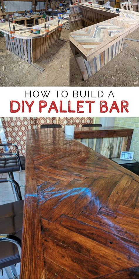 This DIY Pallet Bar adds a unique, custom space in your home for parties, get-togethers, and more. Learn how to build this pallet wood project with a beautiful herringbone-patterned bar top in this step-by-step tutorial. Pallet Kitchen Table Diy, Bar Made Of Pallets, Diy Bar Makeover, Pallet Board Bar Ideas, Diy Pallet Bar Indoor, Diy High Top Bar Table, Outdoor Bar Top Ideas Diy, Pallet Bar Indoor, Diy Pallet Bar Outdoor