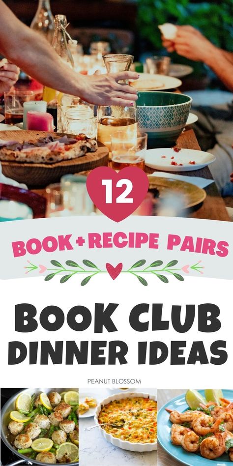 This is a huge list of all the book club dinner ideas you would ever need. Easily plan an entire year of book club parties and pair your book club book of the month with an easy themed dinner menu to go with it! You could take turns hosting or do it potluck style for the best book club dinner ever. Easy Book Club Desserts, Book Club Brunch Recipes, Book Club Food Easy Recipes, October Book Club Food, Themed Book Club Ideas, Book Club Potluck Ideas, Bookclub Dinner Ideas Food Recipes, Appetizer For Book Club, Book Club Themed Snacks