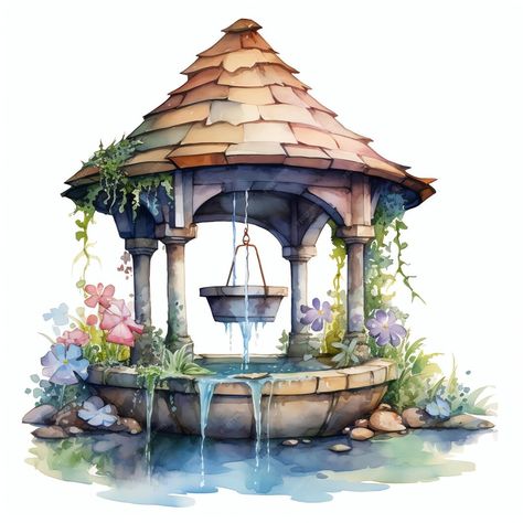 Premium AI Image | Wishing Well Toothfairy Fairytale world watercolor Water Well Aesthetic, Wishing Well Drawing, Wishing Well Art, Wishing Well Ideas, Well Painting, Poem Illustration, Fairy Watercolor, Book Mobile, World Watercolor