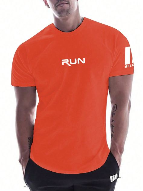 Manfinity Fitness Men Letter Graphic Sports Tee Workout Tops Workout Tops Basketball Back To School Graphic T Shirt Graphic Men T Shirt,Gym Clothes Orange   Short Sleeve Fabric Letter  Slight Stretch  Men Activewear, size features are:Bust: ,Length: ,Sleeve Length: