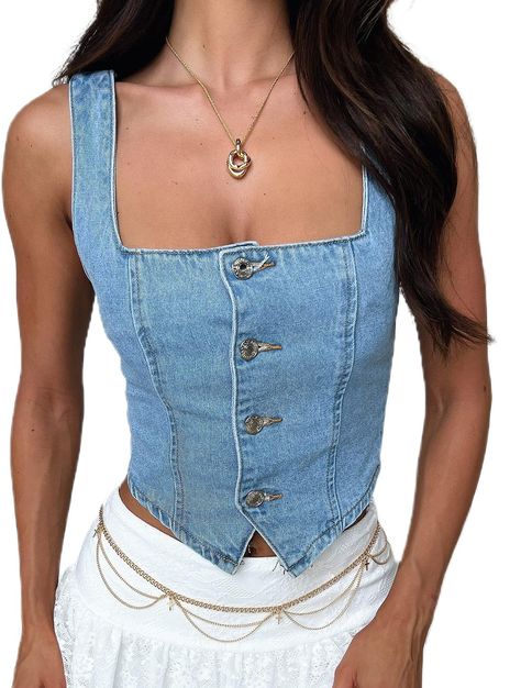 PRICES MAY VARY. ❀Material: Women fashion denim vest, women fashion jean waistcoat is made of high quality polyester fabric, soft touching, comfy, skin friendly, breathable, lightweight, easy to put on and take off. ❀Features: Women vintage y2k denim vest, Women cropped denim tank tops, women sexy open back jean vest is designed as square neck, deep v neck, sexy low cut, backless and open back, backless smocking and stretchy back, button down, flap pocket front, patchwork, solid color. ❀Match: W Jean Waistcoat, Denim Vest Women, Sabrina Carpenter Outfits, Y2k Denim, Denim Tank Top, Crop Vest, Denim Tank, Summer Vest, Trendy Streetwear