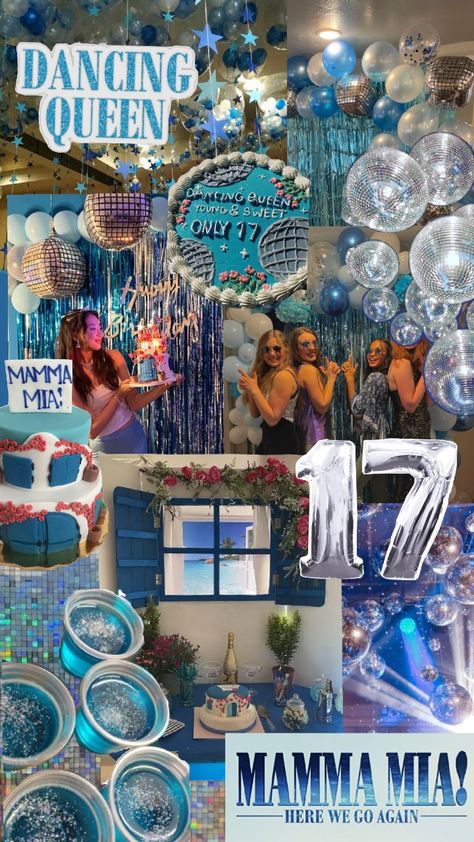 dancing queen...young and sweet only 17🌺🪩 Seventeen Birthday Party Ideas, Dancing Queen Birthday Invitations, Mamma Mia Night Party, Mamma Mia Party Decorations 17, Dancing Queen Themed Birthday, 17th Birthday Dancing Queen, Dancing Queen Theme Party, Young And Sweet Only 17 Party, Dancing Queen Party Theme