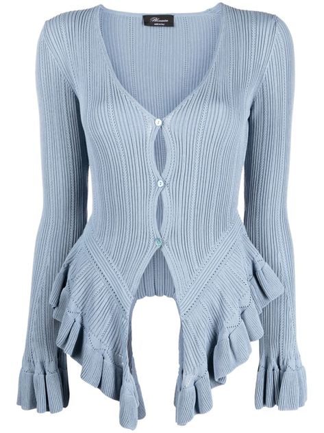 ruffled-hem knit cardigan from BLUMARINE featuring light blue, cotton, ruffled hem, V-neck, front button fastening and long sleeves. Flare Sleeve Cardigan, Ocean Blue Clothes, Winter Clothes List, Office Clothing For Women, Light Blue Casual Outfits, Ocean Inspired Outfits Casual, Cool Pastel Outfits, Dark Blue Grunge Outfit, Muted Blue Outfit