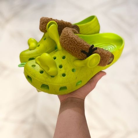 Shrek crocs Shrek Crocs, Crocs Mary Jane, Yellow Crocs, Girls Pink Shoes, Toddler Crocs, White Clogs, Cocoa Puffs, Sparkle Sandals, Toddler Sandals Girl