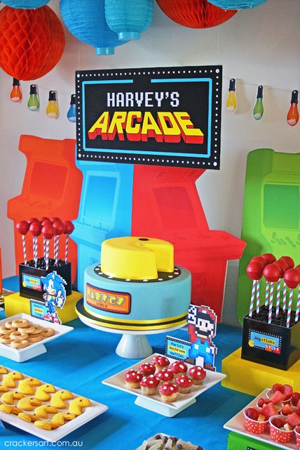 Photo 1 of 35: Arcade Games / Birthday "Arcade Themed 6th Birthday Party" | Catch My Party Pinball Themed Party, 2023 Birthday Party Themes, Videogame Birthday Party, Nintendo Switch Birthday Party Ideas, Pacman Birthday Party, Game Theme Birthday Party, Arcade Birthday Party, Pacman Cake, Pacman Birthday