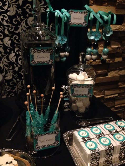 Black And Teal Decorations Party, Teal Black And White Party Decorations, Teal And Black Birthday Party Ideas, 40th Birthday Party Food, White Candy Buffet, Tiffany Birthday Party, Tiffany Birthday, Teal Party, Cupcake Table