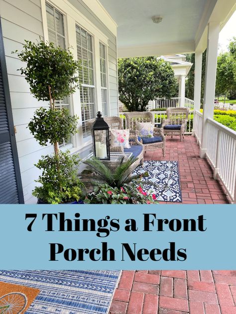 7 Things a Front Porch Needs or Best Front Porch Ideas! - Celebrate & Decorate Small Porch Decorating, Front Porch Makeover, Summer Porch Decor, House Front Porch, Porch Flowers, Front Porch Design, Porch Makeover, Farmhouse Front Porches, Front Porch Ideas Curb Appeal