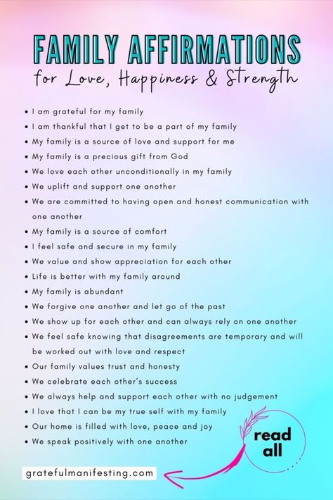 Family Affirmations Life, Manifesting A Happy Family, Sibling Affirmations, Affirmation For Happy Family, Family Mantra Ideas, Mantras For Love, Family Affirmations Home, My Family Affirmations, Health Affirmations Positive Family