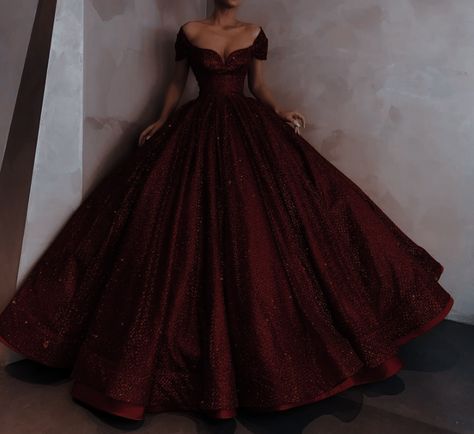 Dark Red Quncie Dresses, Burgundy Princess Dress, Prom Dress Inspiration Aesthetic, Wine Colored Wedding Dress, Red Ball Gowns Prom, Dark Red Poofy Dress, Off The Shoulder Corset Prom Dress, Harry Potter Quinceanera Dress, Red Ball Gowns Princess Fairytale