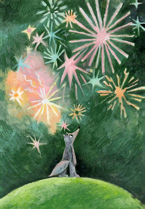 Illustration by Julia Prokhotskaya. Wolf character design, wolf illustration, children illustration, summer illustration, firework, firework illustration Nature, Fireworks Doodle, 2d Art Projects, Fireworks Cartoon, Firework Drawing, Firework Illustration, Wolf Character Design, Fireworks Drawing, Firework Festival