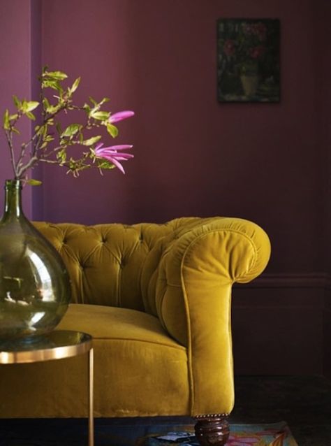 Cool Color Combo: Mustard & Pink | Apartment Therapy Plum Living Room, Plum Room, Mustard Color Scheme, Plum Bedroom, Mustard Sofa, Plum Wall, Mustard Living Rooms, Plum Walls, Mustard Bedroom