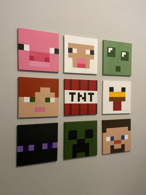 Video Game Painting Canvas, Pixel Art On Canvas, Canvas Painting Ideas Minecraft, Room Decor Ideas Minecraft, Cute Minecraft Paintings, Wall Diy Paint Ideas, Minecraft Acrylic Painting, Undertale Bedroom Ideas, Painting Ideas Minecraft