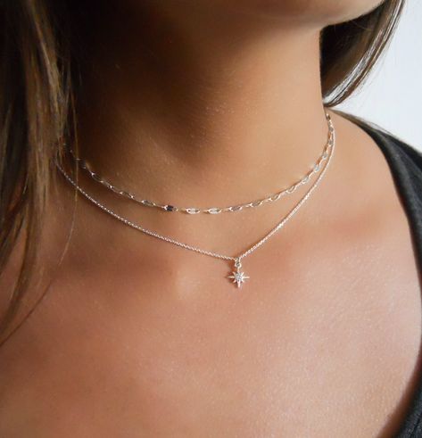 North Star Pendant, Silver Necklace Designs, Necklaces Ideas, North Star Necklace, Silver Necklace Simple, Fashionable Men, Name Necklace Silver, Diamond Choker Necklace, Dainty Diamond Necklace