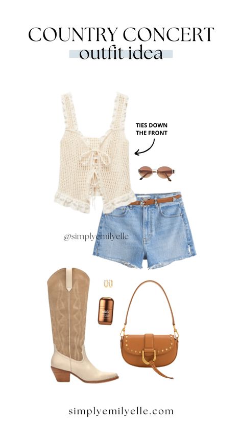 The Absolute Best Country Concert Outfits to Wear This Season - Simply Emily Elle Country Style Summer Outfits, Summer Game Day Outfit, Nashville Night Out Outfit Summer, Kenney Chesney Concert Outfit, Nashville Outfit Inspo Summer, Country Concert Outfit Black Boots, Folk Concert Outfit Summer, Country Summer Concert Outfit, Rock The South Concert Outfit