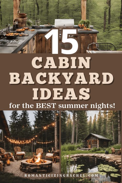 Log Cabin Outdoor Decor, Backyard Cabin Ideas, Cabin Landscaping Ideas Simple, Log Cabin Landscaping Ideas Yards, Log House Landscaping, Log Cabin Home Decor Ideas, Outdoor Cabin Ideas, Log Cabin Patio Ideas, Cabin In The Woods Landscaping Ideas