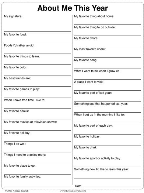 free printable. "About Me This Year". Help remember your child's likes and dislikes. Great for older children to fill out themselves or younger children to be interviewed. Smash Book, Journal Prompts, Materi Bahasa Jepang, Vie Motivation, Writing Challenge, Journal Writing Prompts, Time Capsule, Journal Writing, Family History