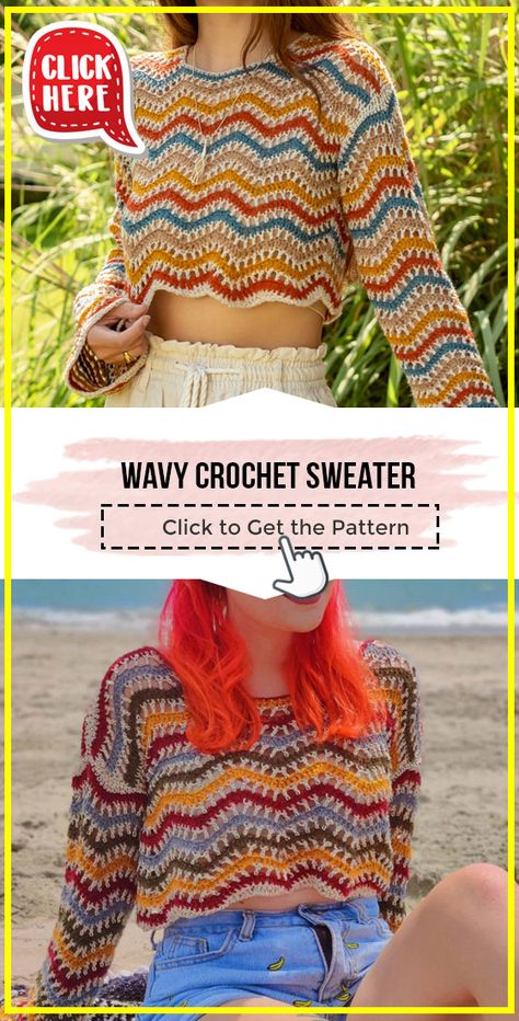 Wavy Crochet Sweater easy pattern - Easy Crochet Sweater Pattern for Beginners. Click to Try the Pattern #Sweater #crochetpattern #crochet via @shareapattern.com Cardigan Au Crochet, Crochet Mignon, Crochet Top Outfit, Confection Au Crochet, Pull Crochet, Crochet Jumper, Crochet Blanket Designs, Crochet Crop Top Pattern, Crochet Sweater Pattern Free