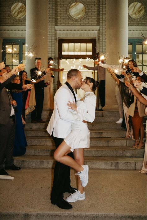 Wedding sparkler photos, wedding sparklers, wedding send off, wedding send off photos, bridal sneakers, bridal tennis shoes, Reception dress, wedding dress, wedding, bride, unique reception dress, reception dress idea, reception dress inspo, modern wedding, classic wedding, engagement photo dress, engagement photos, house of cb dress, engagement photo outfit, engagement photo ideas Wedding Send Off Dress Short, Reception Dress Sneakers, Reception Dress And Sneakers, Wedding Dress Change Receptions, Bride Reception Dress With Sneakers, Wedding Reception Tennis Shoes, Second Wedding Dress For Dancing, Wedding Dress Change For Reception Short, After Wedding Outfit The Bride Comfy