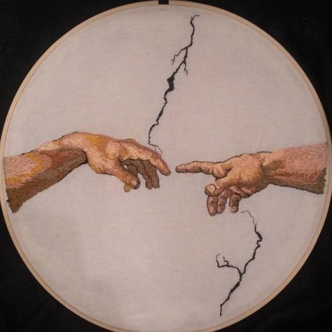 The Creation Of Adam Embroidery, Creation Of Adam Embroidery, Greek Mythology Embroidery, Mythology Embroidery, The Creation Of Adam, Creation Of Adam, Dumpster Fire, Hand Embroidery Art, Embroidery Inspiration