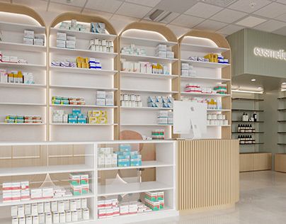 Farmacy Design Interiors, Store Counter Design, Medical Clinic Design, Shop Counter Design, Glass Counter, Pharmacy Decor, Store Shelves Design, Commercial Design Exterior, Pharmacy Store