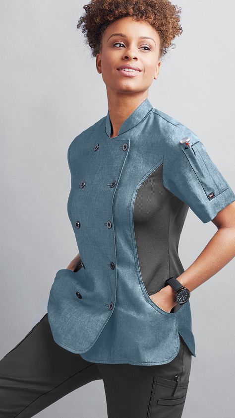 Chef Wear Fashion, Couture, Chef Aesthetic Outfit, Chef Coat Design For Women, Chef Outfit Women Style, Chef Uniform Women, Chef Coat Design, Chef Jackets Women, Chef Jackets Design