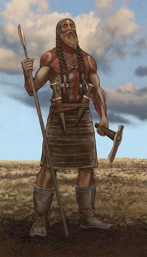 Indo-European warrior from eneolithic Ukraine's Yamnaya or Pit-Grave culture bearing bronze spear and daggers and a stone battle axe. He is wearing ochre war paint and silver hair coils. Art by Christian Sloan Hall Bronze Age Civilization, Stone Age Art, Historical Warriors, Twitter Artist, Ancient Humans, Hair Coils, Ancient Warfare, Prehistoric Art, Can Drink