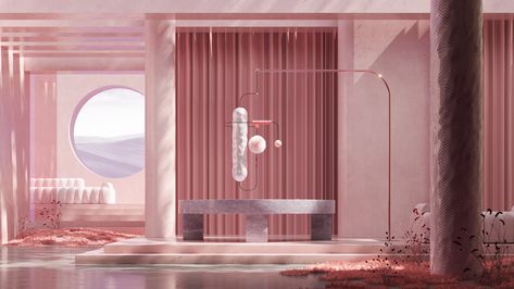 dreamspace | proun collection surreal pink interior with animated sculpture 3d Artwork, Pink Wallpaper Interior, Nanda Arsyinta, Digital City, 3d Visual, 3d Space, Architecture Concept, House Beach, Nft Collection