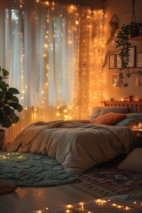 29 Romantic Bedroom Ideas 13 Cozy Room Lighting Ideas, Magical Fairy Bedroom, Fantasy Themed Bedroom, Warm Lighting Bedroom, Whimsical Bedroom Adult, Light Curtains Bedroom, Fairy Light Bedroom, Ethereal Theme, Ethereal Bedroom