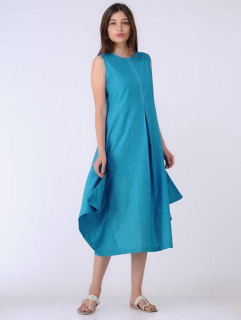 Buy Blue Pleated Panelled Cambric Dress Women Dresses Style Script Block printed kurtas palazzos and more Online at Jaypore.com