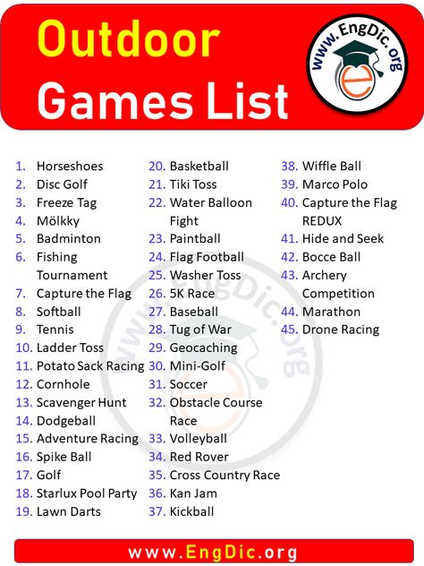 Outdoor Games List in English Playing games is a great way to have fun and spend time with family and friends. There are many different types of games, but one of the most popular types is outdoor games. Outdoor games are games that are played outside, and they can be enjoyed by people of all ages. Some of the most popular outdoor games include tag, hide-and-seek, and duck-duck-goose. Here is the list of Outdoor games names: You may Like to Read: 10 Most Common Outdoor Names Outdoor Games Names Picnic Ideas For Friends Games, Games To Play With Friends Outdoor, Games To Play At A Picnic, Games To Play At A Picnic With Friends, Outdoor Games To Play With Friends, Fun Games To Play Outside With 2 People, Fun Games To Play Outside With Friends, Picnic Game Ideas For Friends, Things To Play Outside