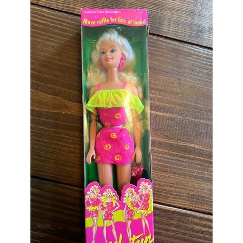 1994 Mattel Ruffle Fun Barbie NRFB 12433 90s Barbie, Mattel Shop, Price Sticker, Not Perfect, Vintage Barbie, Pretty Good, Vintage Toys, Aurora Sleeping Beauty, Let Me