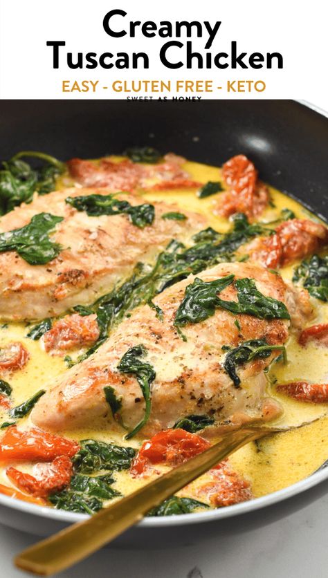 This Easy Tuscan Chicken recipe are grilled chicken breast cooked in a thick and creamy cheesy sauce garnished with sundried tomato and spinach creamy. It's a high-protein dinner packed with vegetable and delicious Italian flavors that all the family loves. High Protein Creamy Chicken, Easy Tuscan Chicken, Tuscan Chicken Recipe, Creamy Spinach Sauce, King Ranch Chicken Casserole, Sundried Tomato Chicken, Sundried Tomato Pasta, Chicken Breast Dinners, Recipes With Flour Tortillas