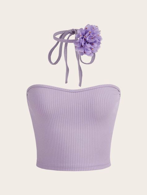 Lilac Purple Casual Collar  Fabric Plain  Embellished Non-Stretch  Women Clothing Puff Sleeve Pattern, Kawaii Outfit Ideas, Knit Tube Top, Rich Clothes, Middle Eastern Fashion, Purple Outfits, Fairy Fashion, Summer Crop Tops, Lilac Purple